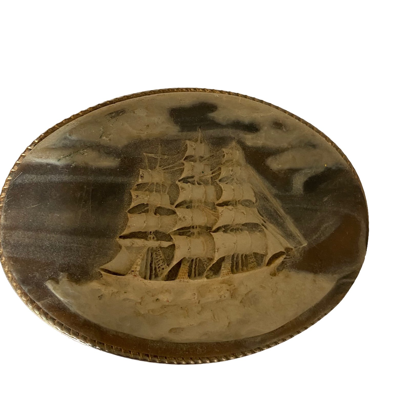 Vintage Incolay Stone Belt Buckle Cameo Sailing Ship Boat Clipper Nautical USA