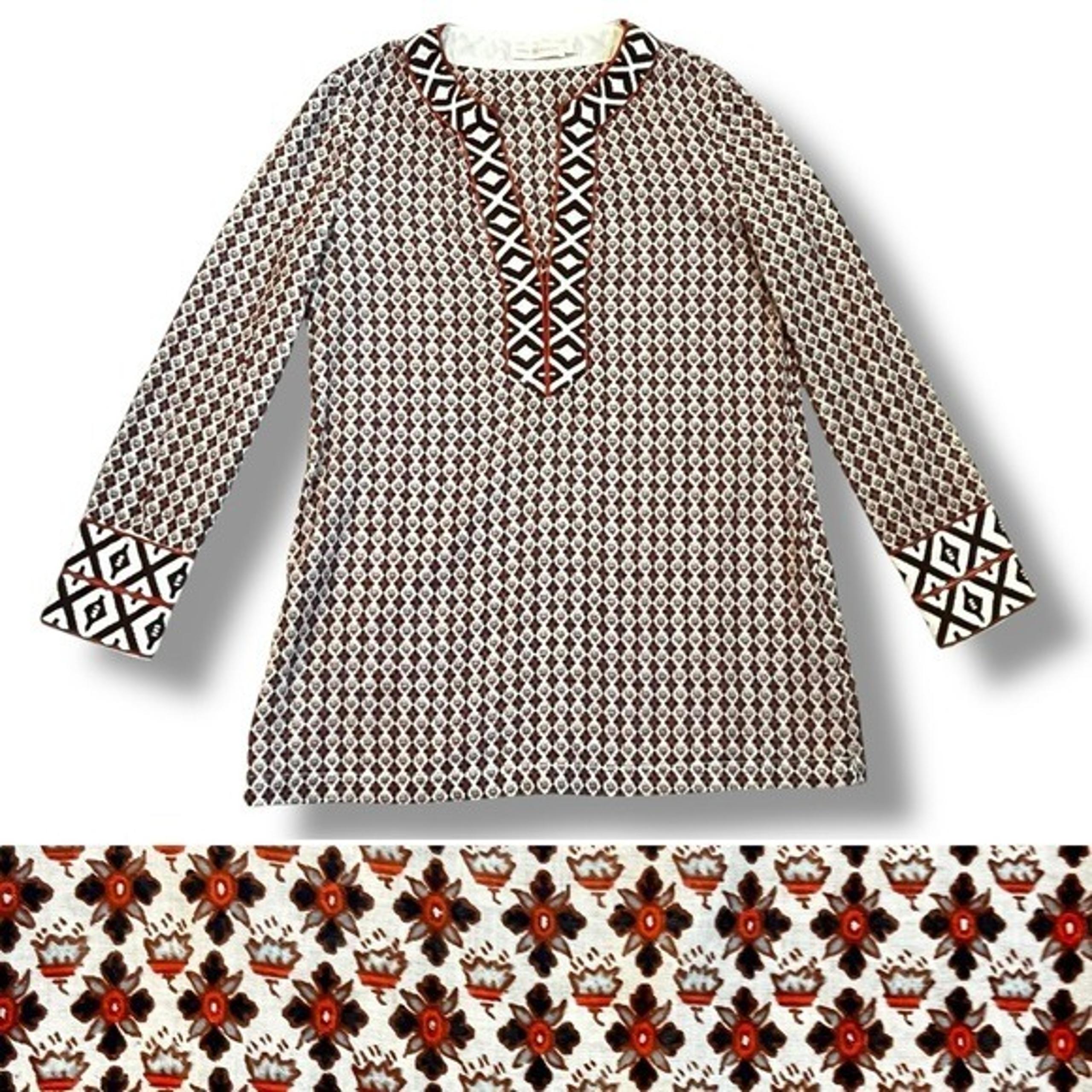 Tory Burch Tunic Top Blouse V-Neck Embroidered Tribal Print Zip Cuffs Brown SZ 4
