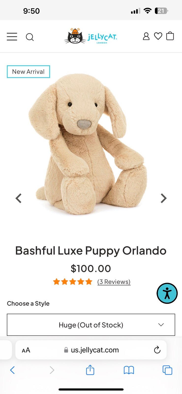 Jellycat HUGE Bashful Luxe Puppy Orlando nwt