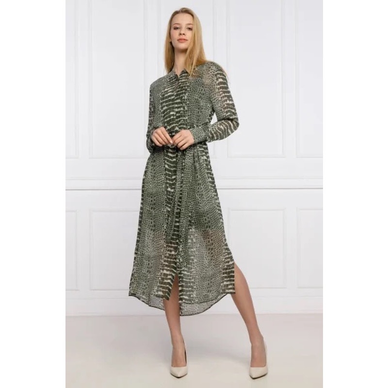 Hugo Boss Dress Destory Crocodile Print Midi Button Down Front Shirt Waist Tie