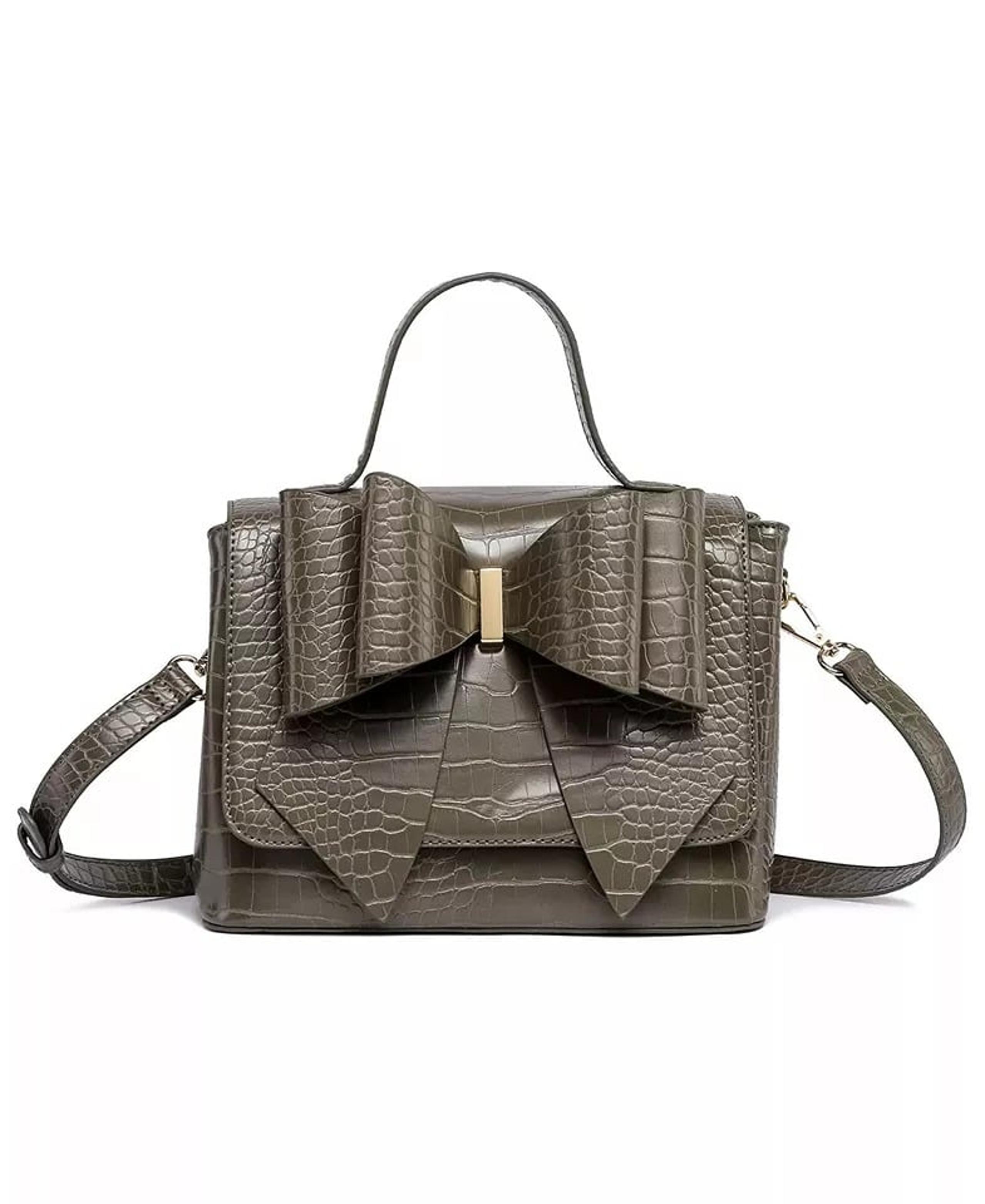 Like Dreams Celia Double Bowtie Genuine Skin Embossed Satchel, Olive, NWT