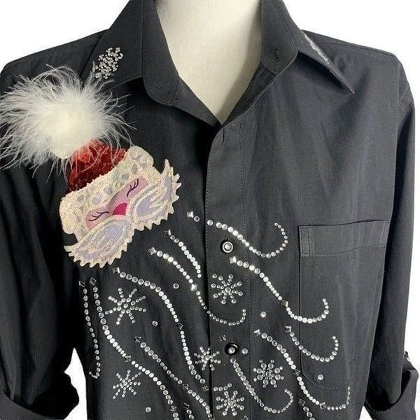 Vintage Santa Embellished Button Up Shirt M Black Rhinestones Christmas