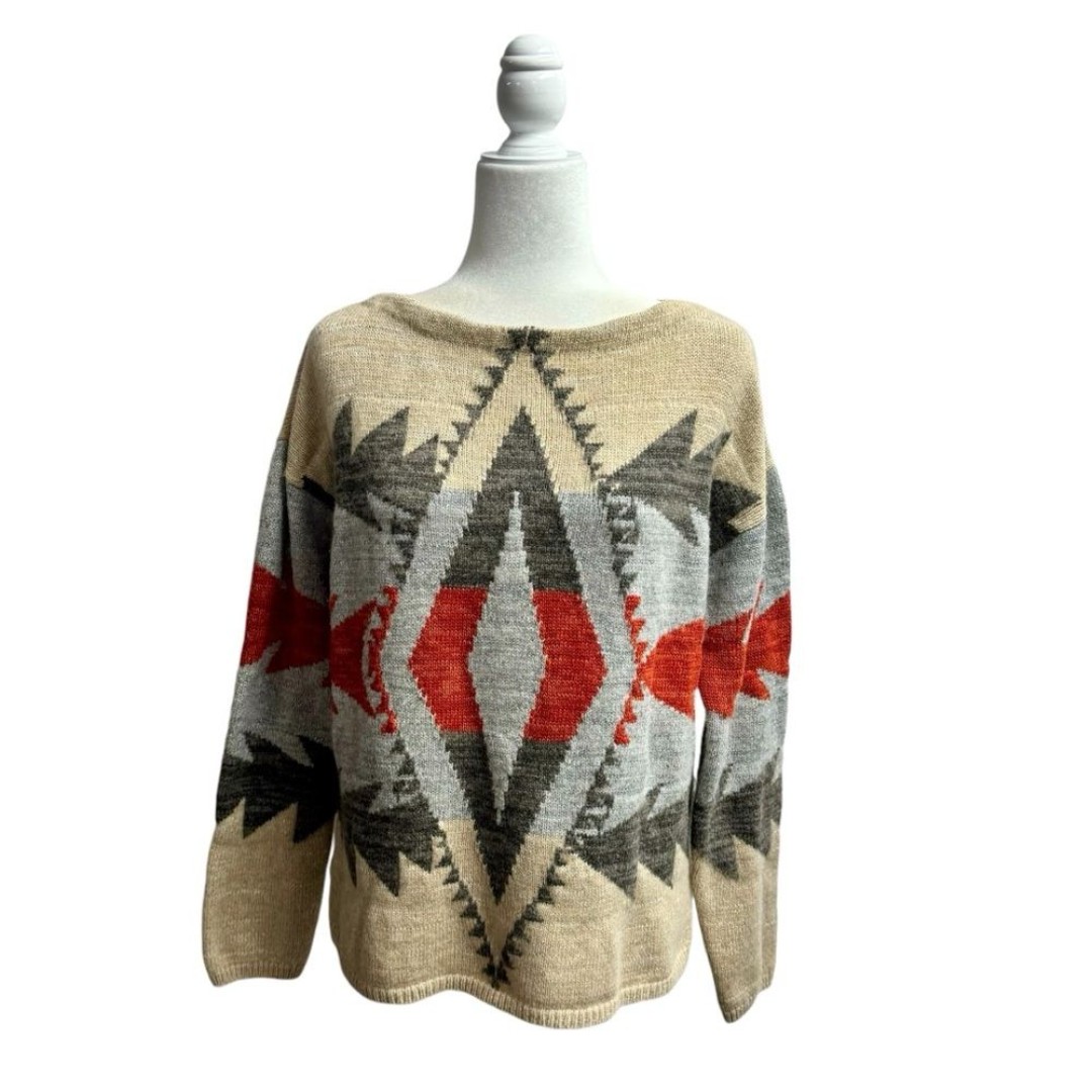 Lauren Ralph Lauren Aztec Cotton Lambswool Boat Neck Pullover Sweater Medium M