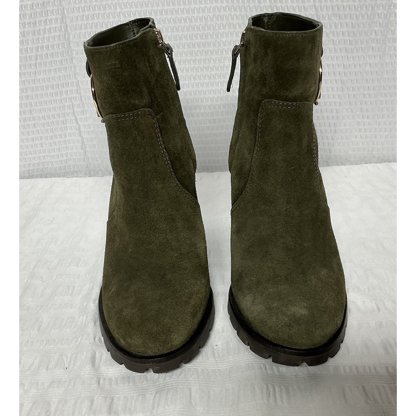 Tory Burch Suede Leather Boot Ankle Womens 9 Bootie Sofia Lug Sole Olive 428