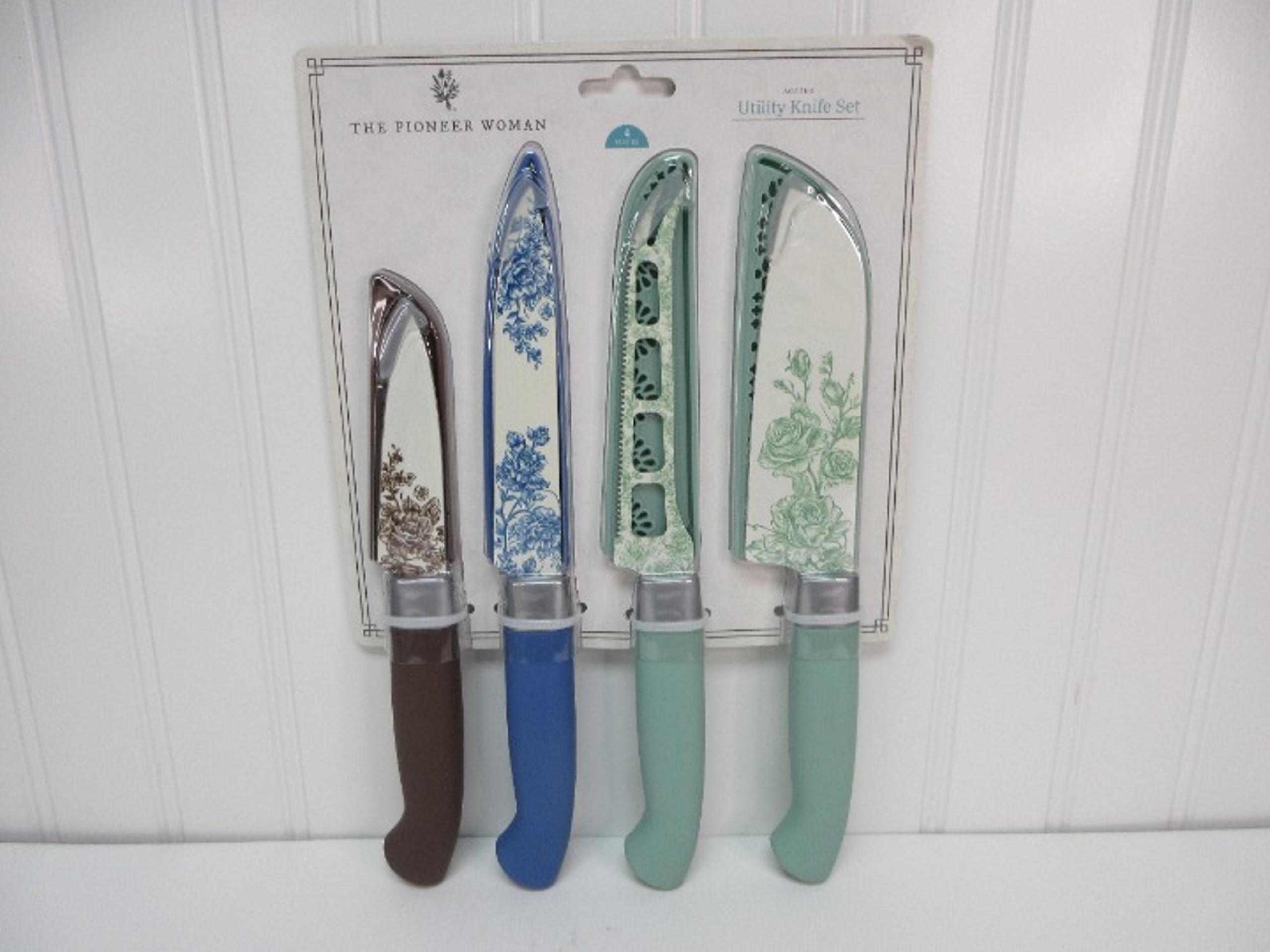 Pioneer Woman Agatha Floral Stainless Steel Utility Knife 4pc Set Green Blue