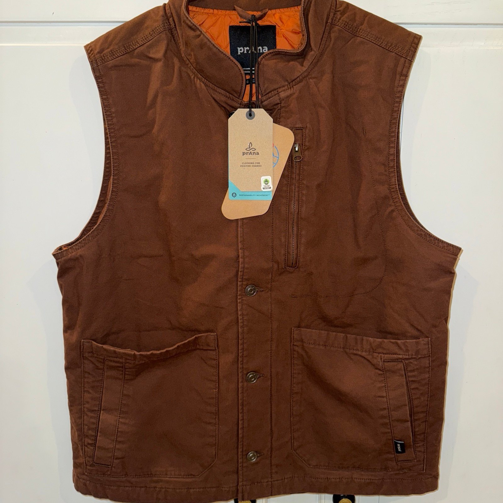 PRANA Men’s Trembly Vest Large In Stout NWT Brown With Orange Lining Primaloft
