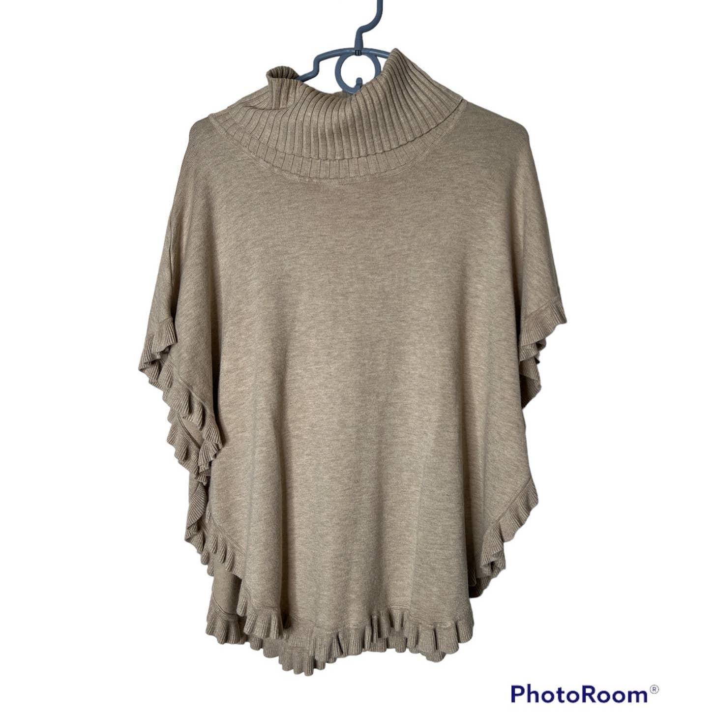 Joseph A Poncho Sweater in Tan Cowl Neckline Ruffled Hem Size Medium