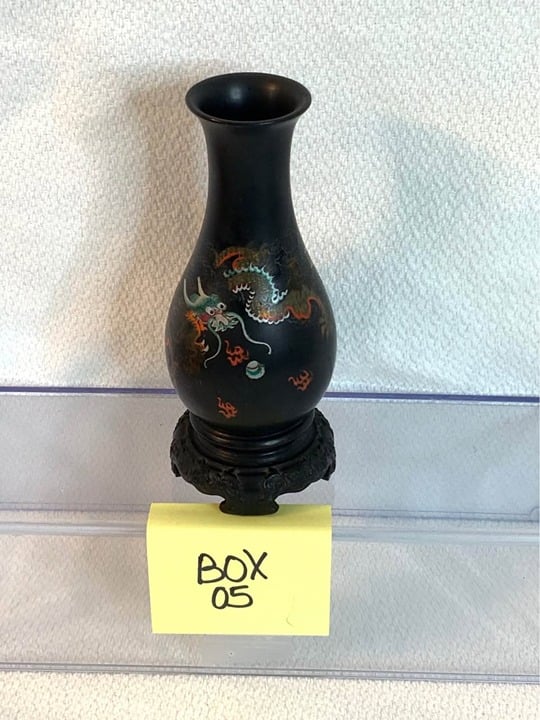 1950s Antique China Wooden Lacquer Vase Hand Painted Vintage