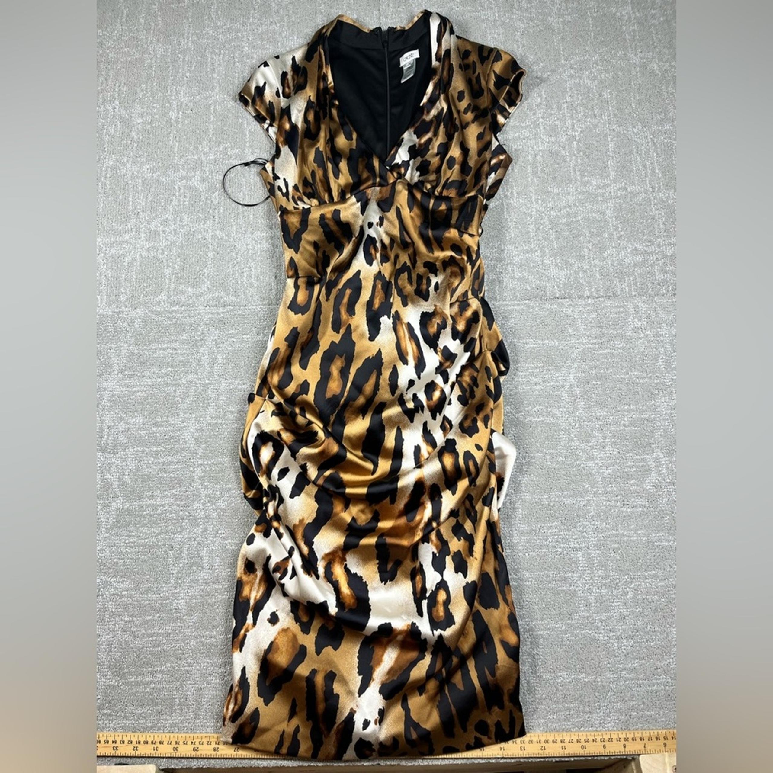 Vintage Cache Cheetah Print Fitted Ruched Cocktail Satin Dress Sz 10
