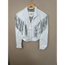 Womens White Leather Jacket Large fringe vintage snaps collared Mexico short