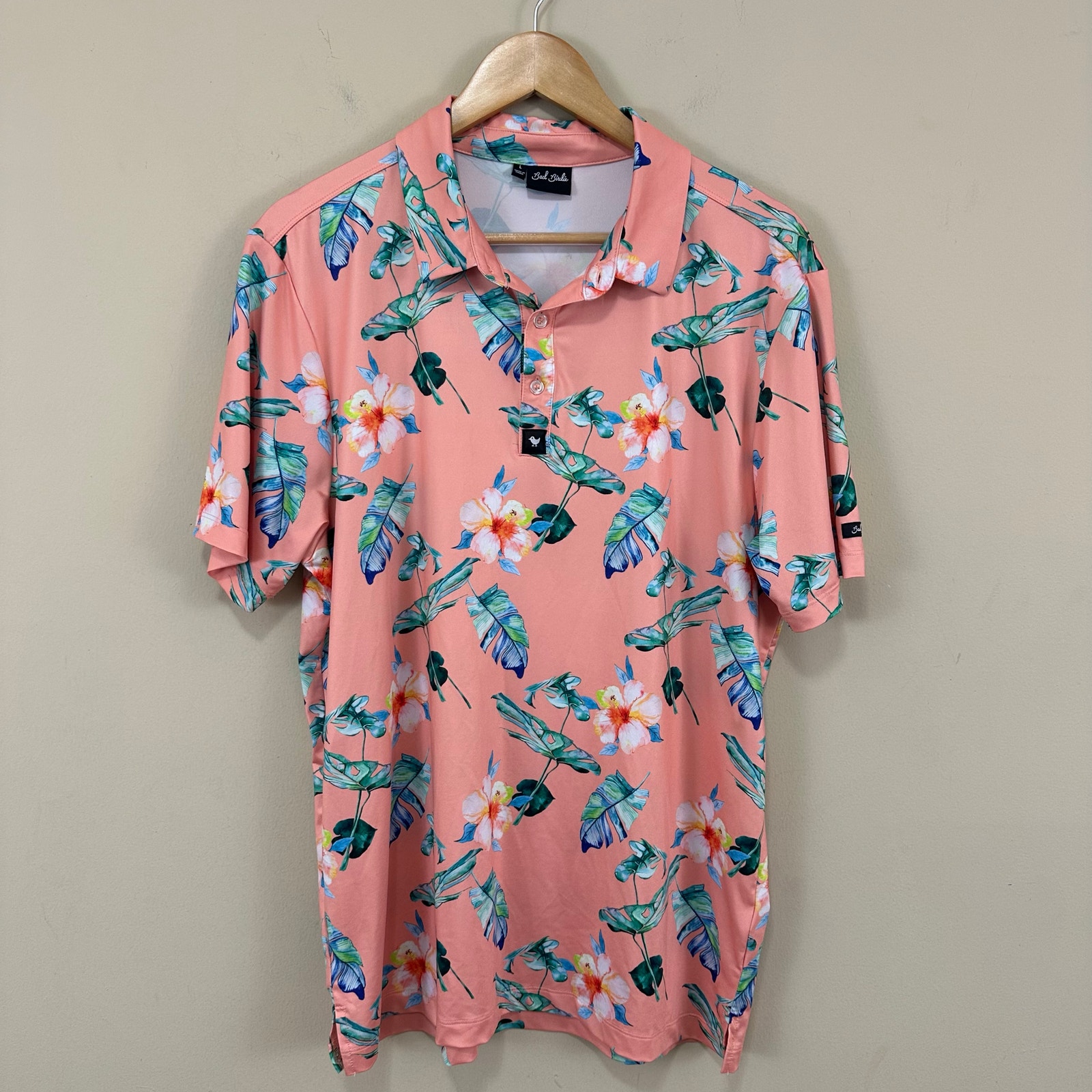 Bad Birdie Polo Shirt Mens Large Orange Performance Golf Floral Stretch Island