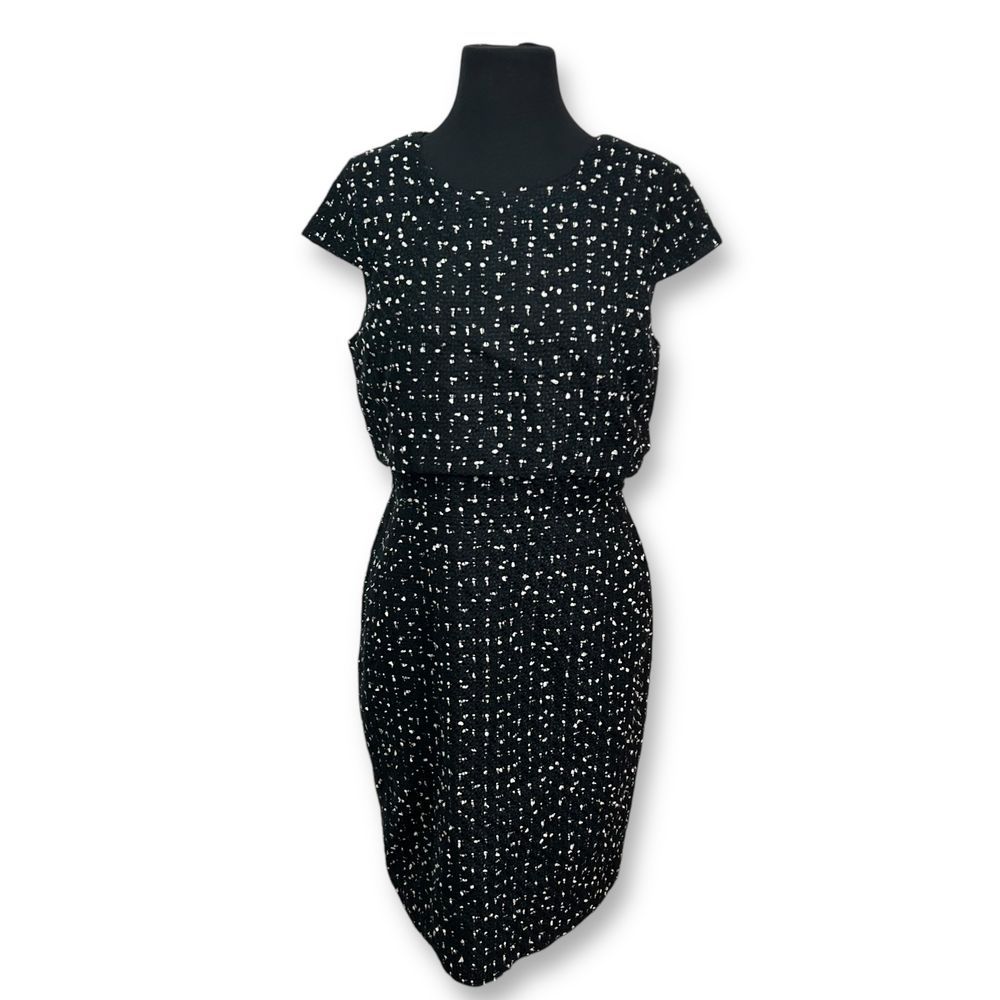 EUC J Crew Going Places Tweed Dress Black and White Polka Dot Cap Sleeve Sz 8