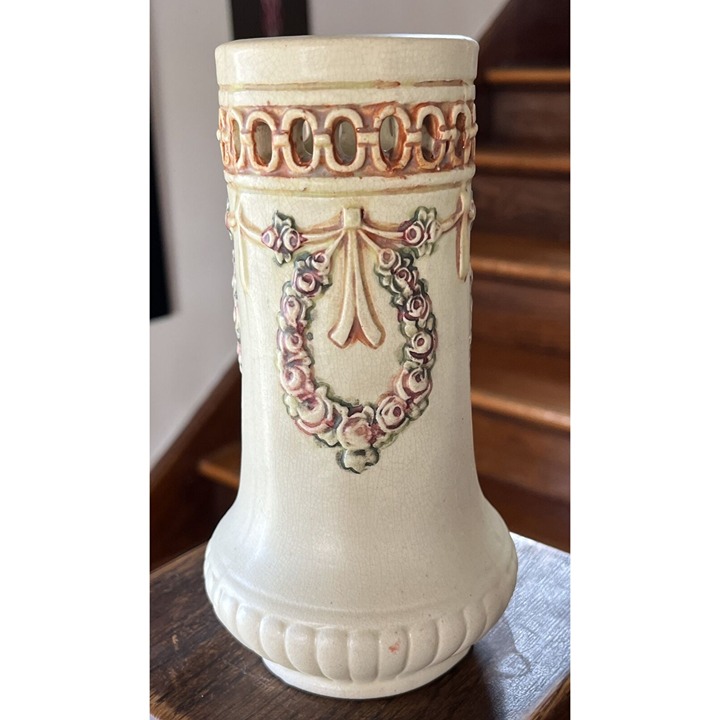 Weller Roma Vintage Art Pottery Reticulated Garland Swag Roses Ivory Vase 7