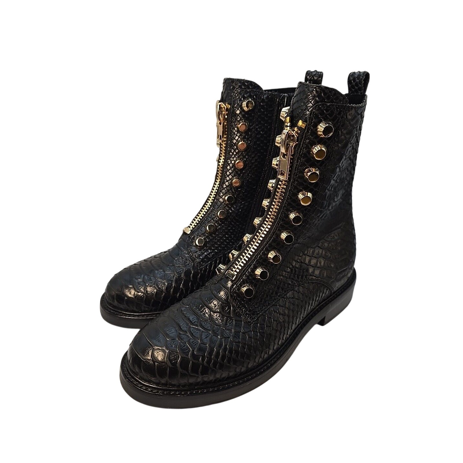 Jeffrey Campbell Tonette Black Snake Embellished Block Chunky Heel Combat Boots