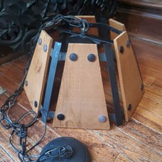 Black metal with wood panels chandelier