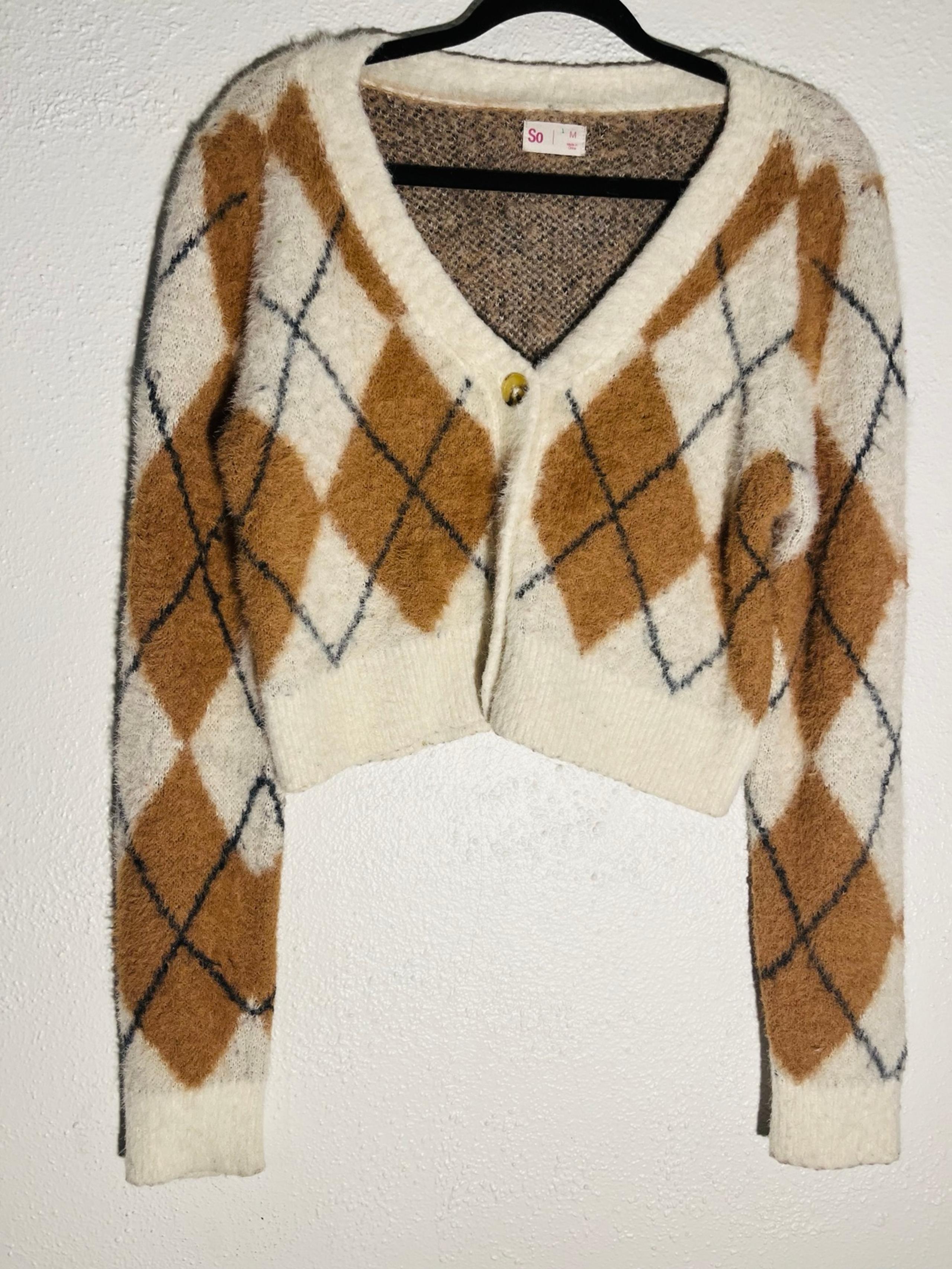 SO- Womans Brown and White Cropped Button Down Cardigan Sweater Size M