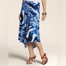 Chico’s Knit Kit Cerlean Skirt Blue Sz. 2/L Hankerchief Hem Swirl Twirl