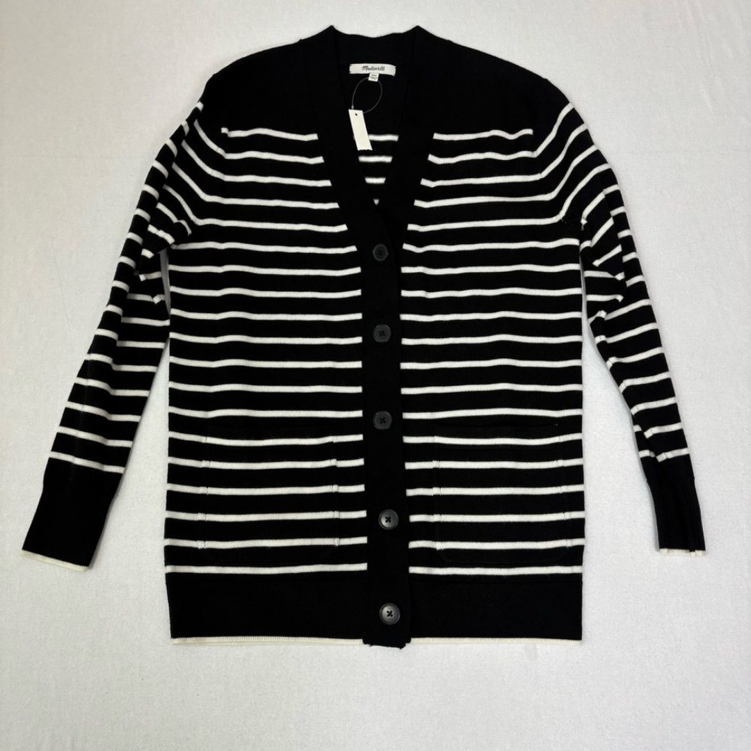 Madewell Cardigan Sweater XXS Black White Striped Long Sleeve Knit Button NWT