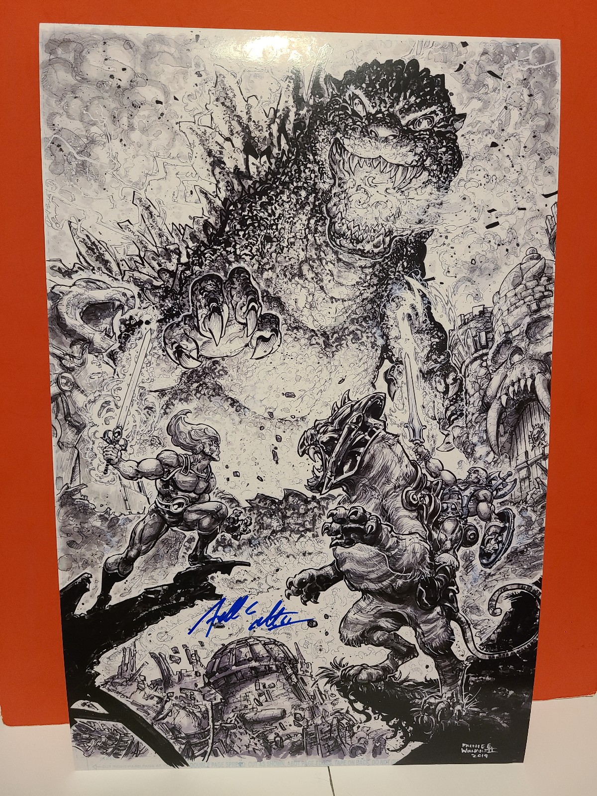 Signed 11”X17” Art Print By Freddie Williams II Godzilla Vs He Man Motu