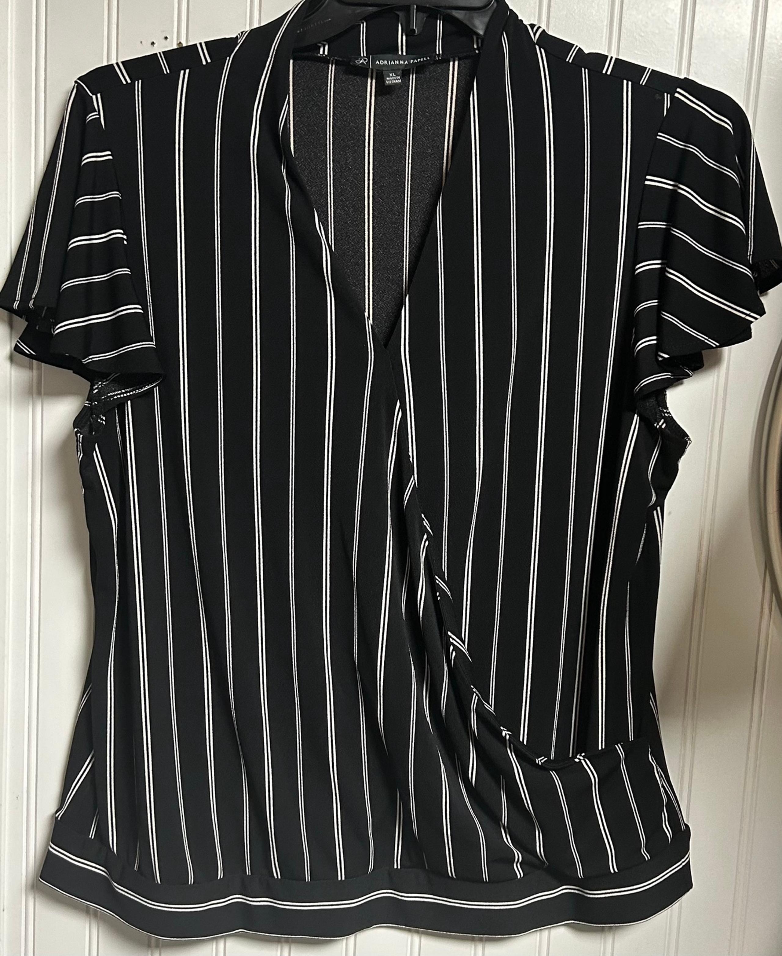 Adrianna Papell Women's Black White Striped Wrap Top Blouse