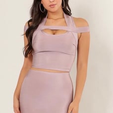 Women Dusty Mauve Open Shoulder Crop Top