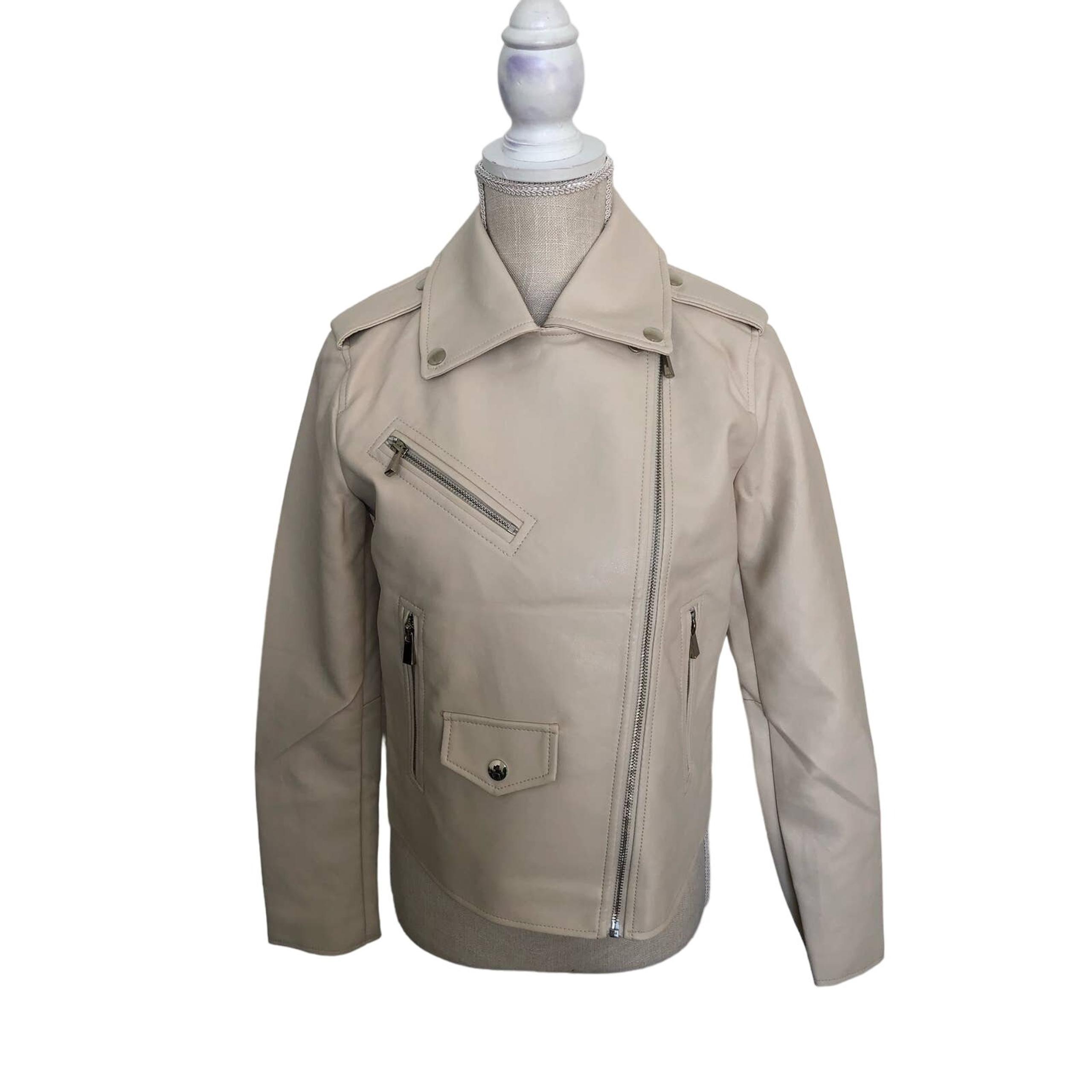 Lulus Vegas Leather Moto Jacket in Cream - XS