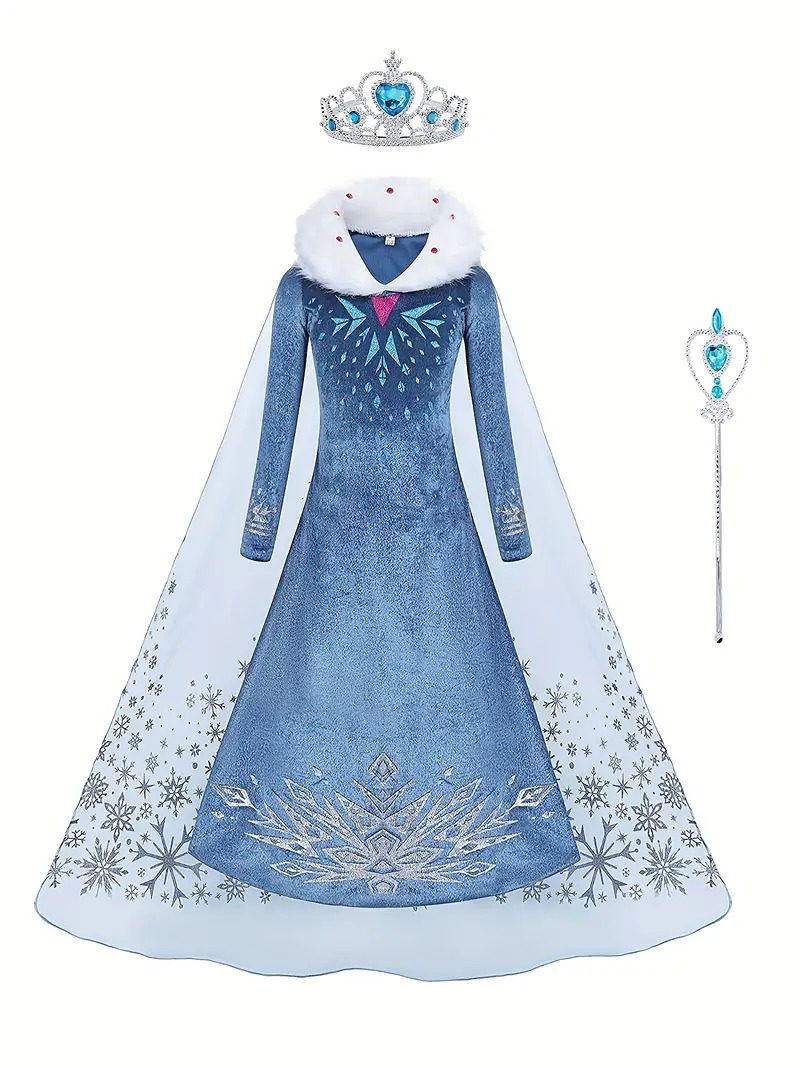 Girl's Velvet Princess Dress, Furry Collar Mesh Cape Snowflake Print Long