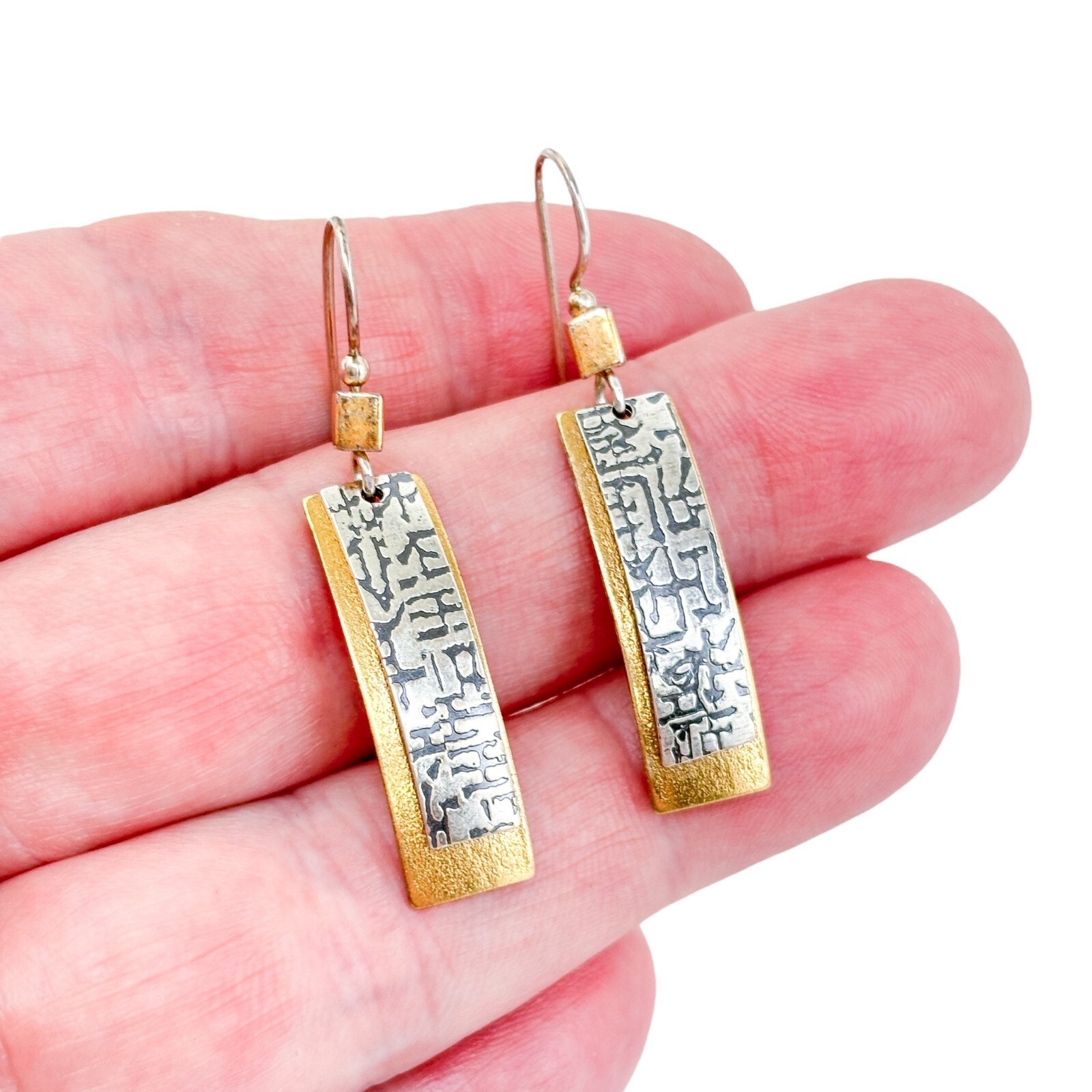Vintage Sterling Silver 925 and Gold-Tone Textured Drop Earrings