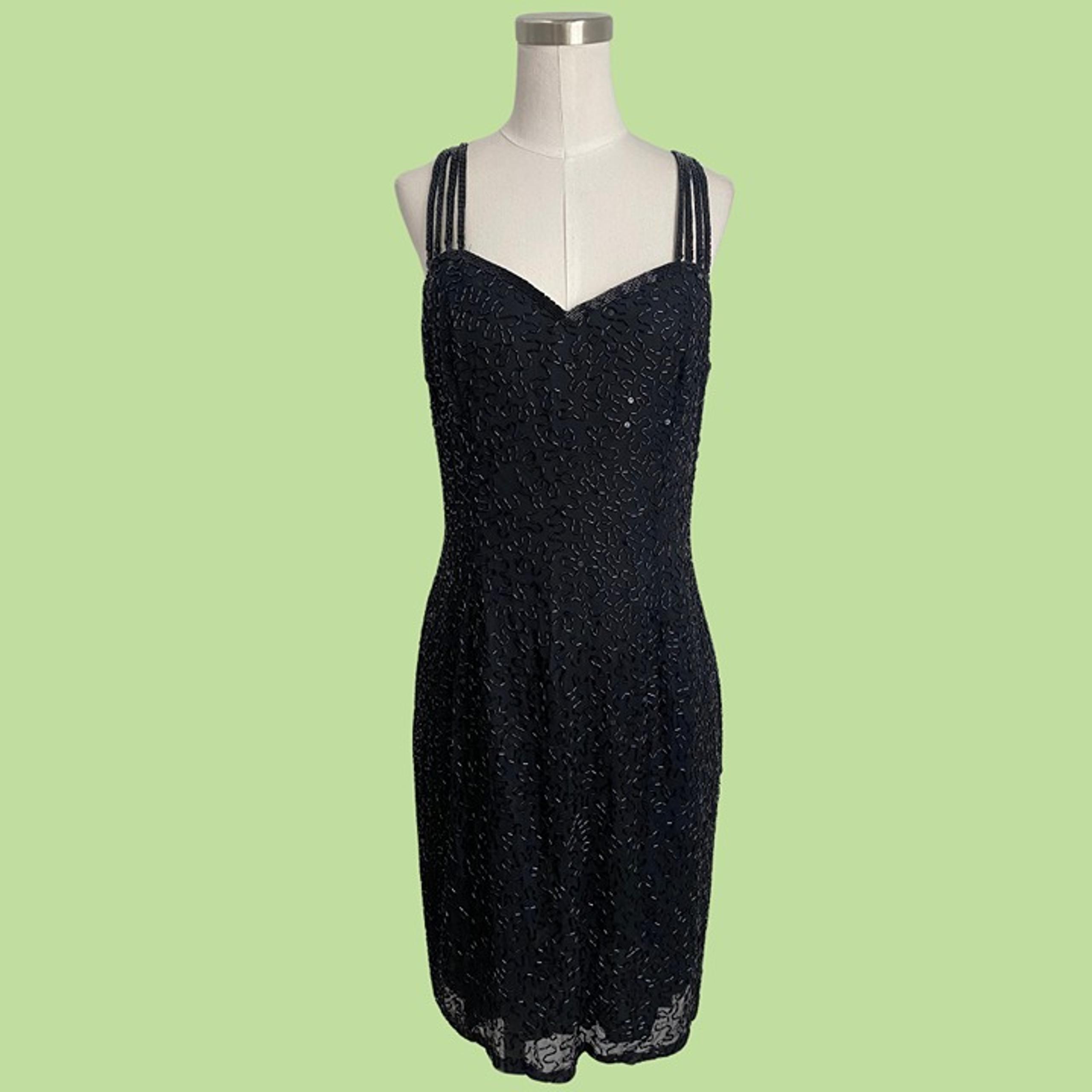 Vintage Niteline by Della Roufogali Black Beaded Cocktail Dress Silk 90s Size 12
