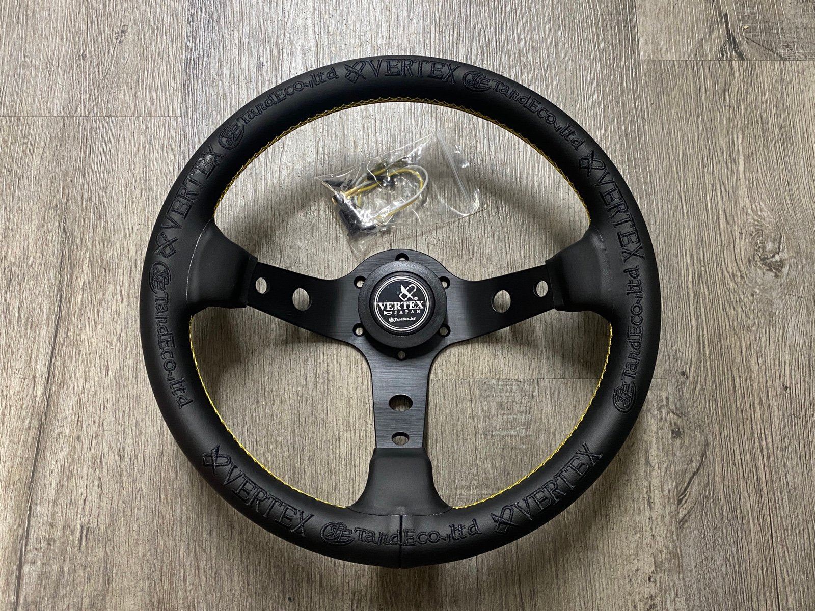 Vertex Leather Stitch Black Steering Wheel w Yellow Line Universal Race 330mm