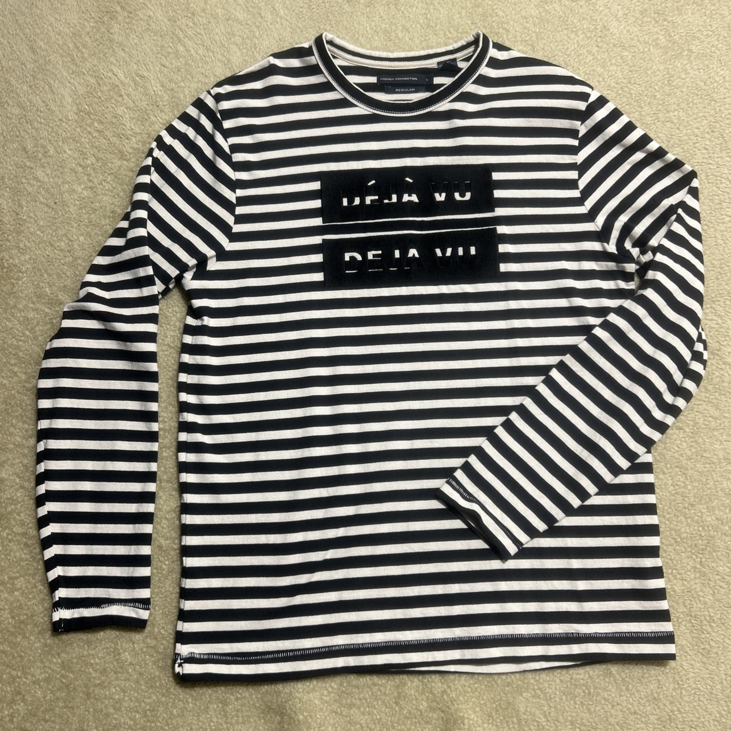 French Connection DEJA VU Graphic TShirt White Black Horizontal Striped Sz L- LS