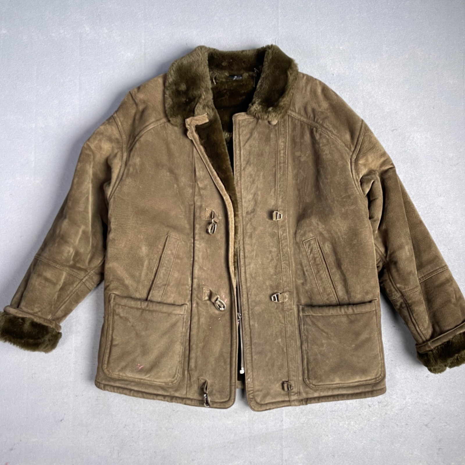 Gallery Leather Jacket Faux Fur Lined Olive Green Winter Coat Mens Size S
