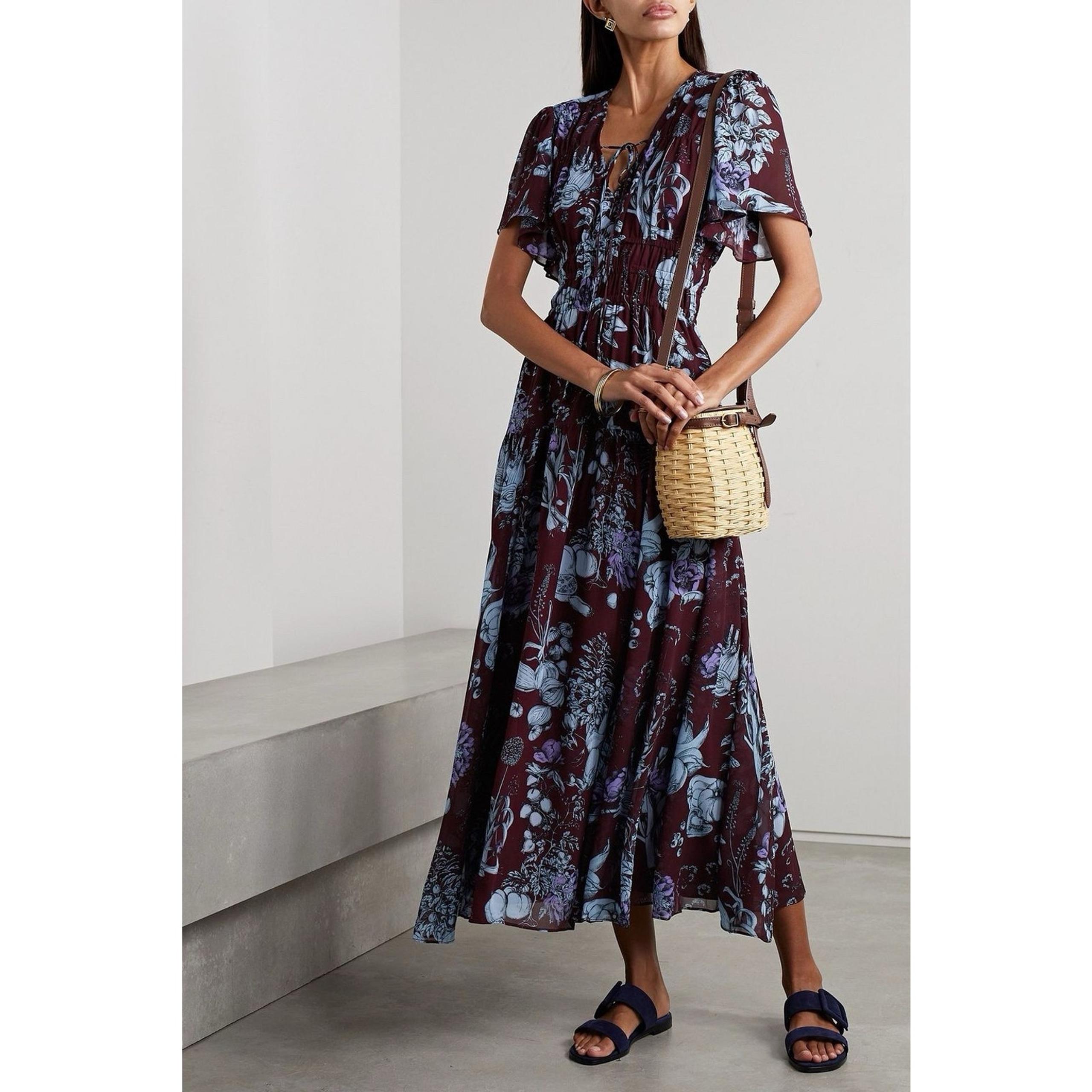 La Ligne Tiered Smocked Chiffon Midi Dress V-Neck Empire Waist Floral Print XS