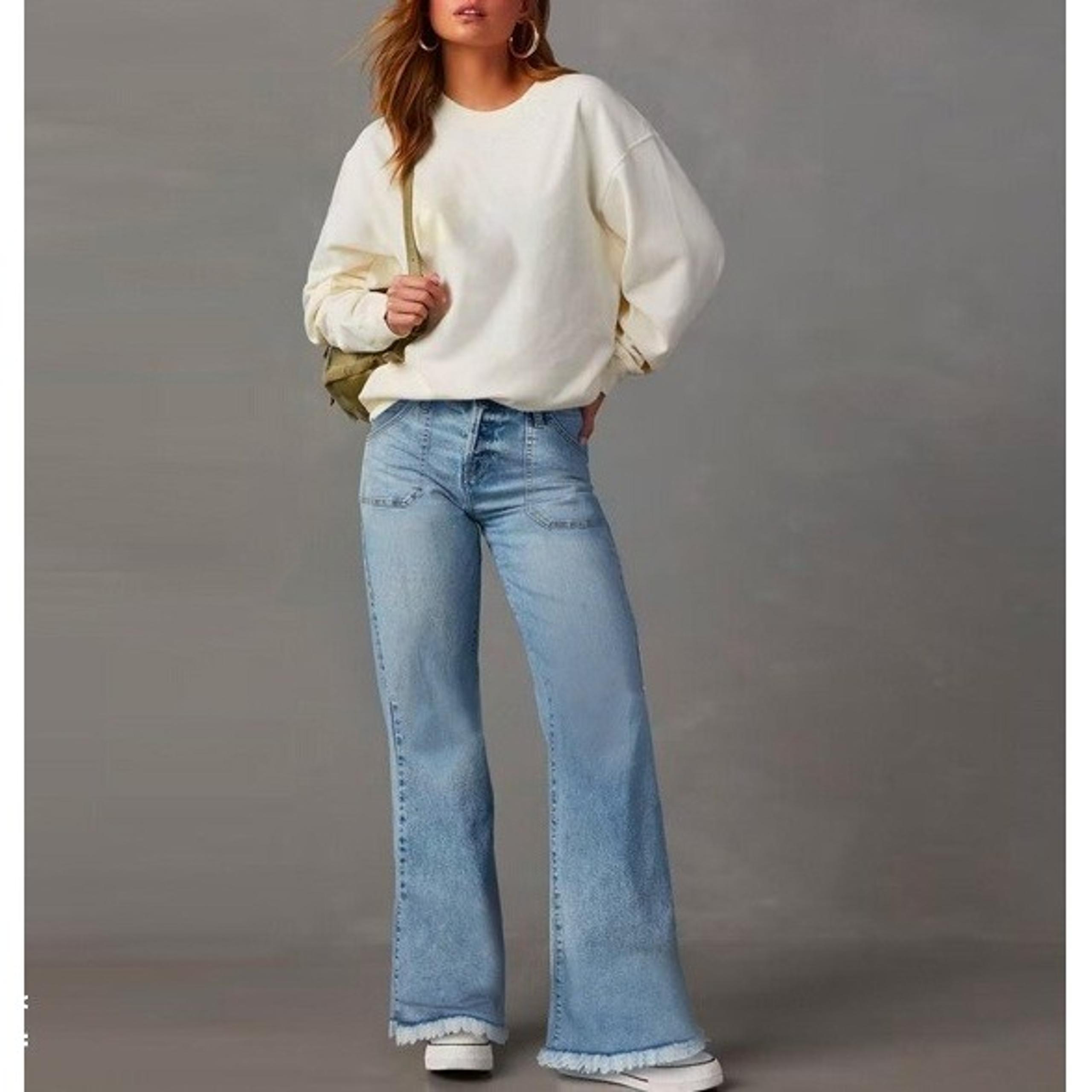 Flamingals Wide Leg Low Rise Casual Flap Pocket Raw Hem Denim Jeans with Pock XL