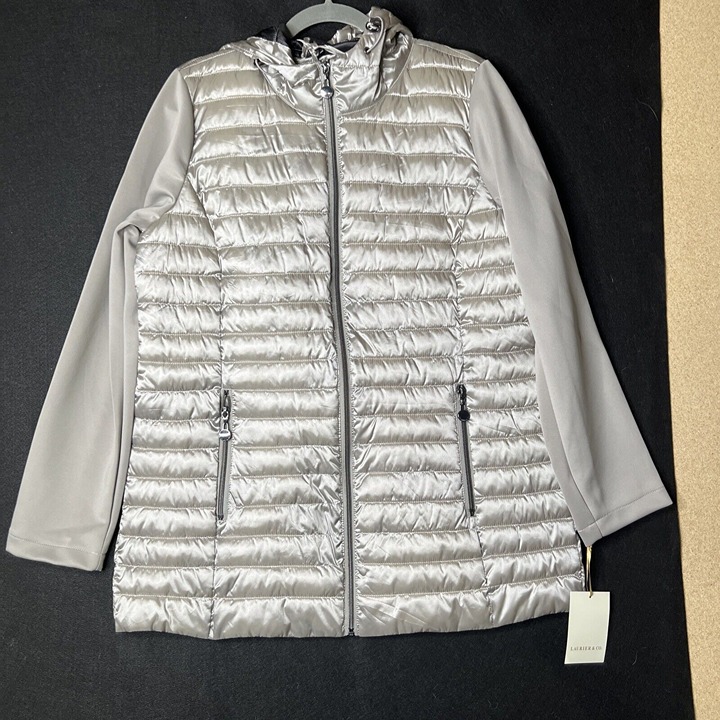 Laurier & Co Womens Gray Full Zip Hooded Soft Shell Sleeve Quilt Puffer Jacket M