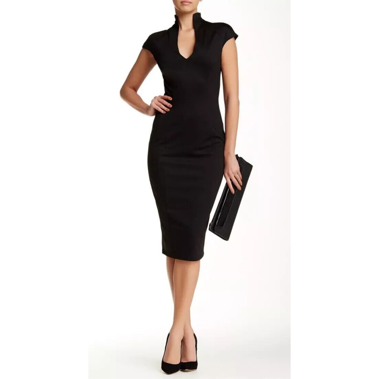 Alexia Admor NWOT Katrina Splitneck Cap Sleeve Sheath Midi Dress Black Size XL