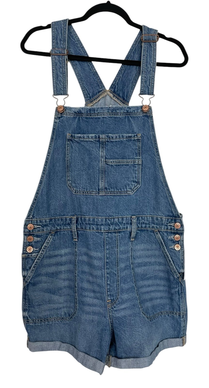 NWT American Eagle Medium Wash Denim Short Overalls Cuffed Shortalls Sz Large