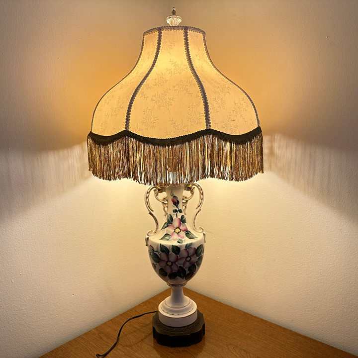 Vintage Floral Table Lamp Metal Base With Dome Fringe Shade