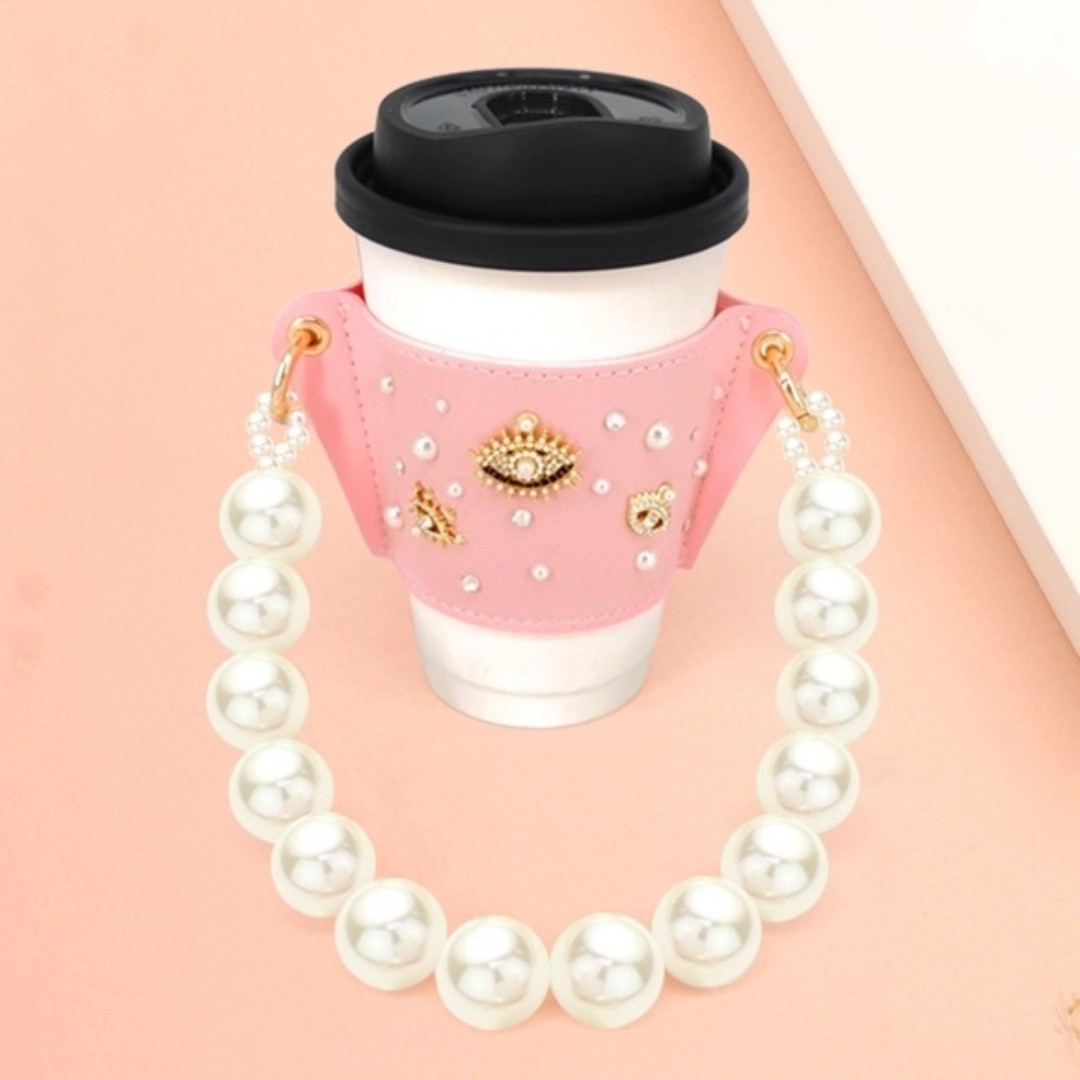 Pink Pearl Strap Chain Gold Evil Eye Coffee Cup Sleeve Holder Tumbler Carrier