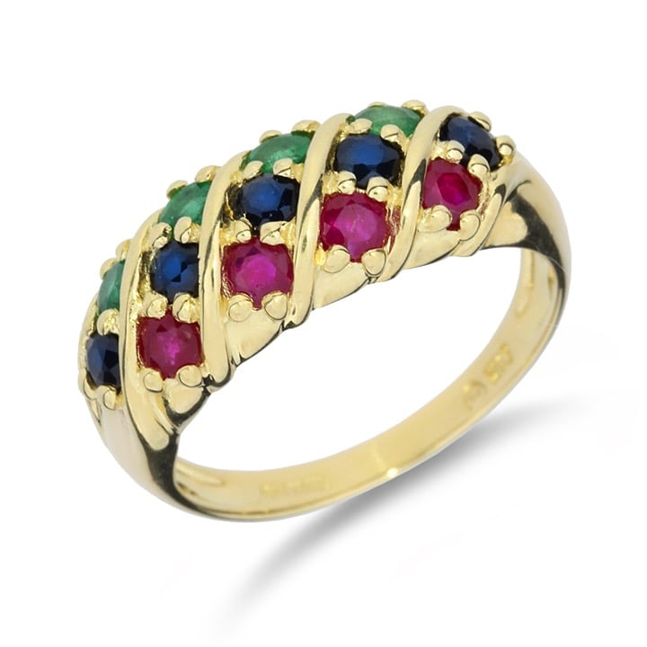 Vintage 14K Yellow Gold Emerald, Ruby & Sapphire Ring GR-2214