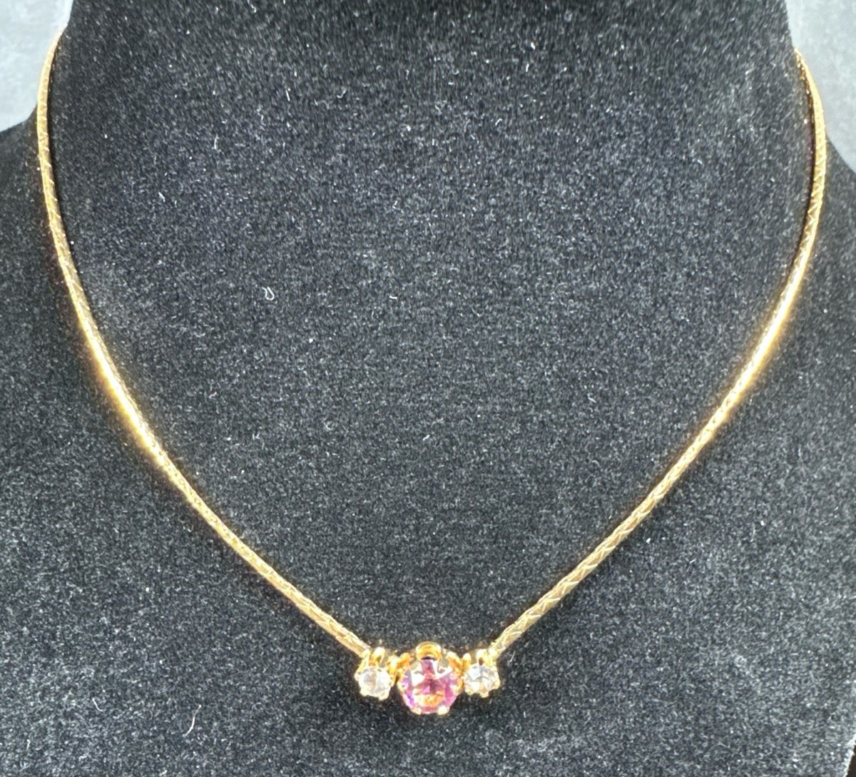 Vintage Christian Dior Necklace Gold Tone Amethyst & Rhinestones 15”-17.25”