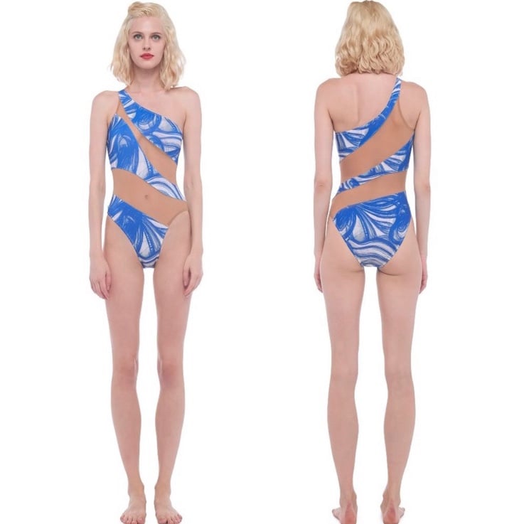265 Norma Kamali Snake Mesh Mio 1-Piece Swimsuit Bodysuit Blue Swirl White XXS