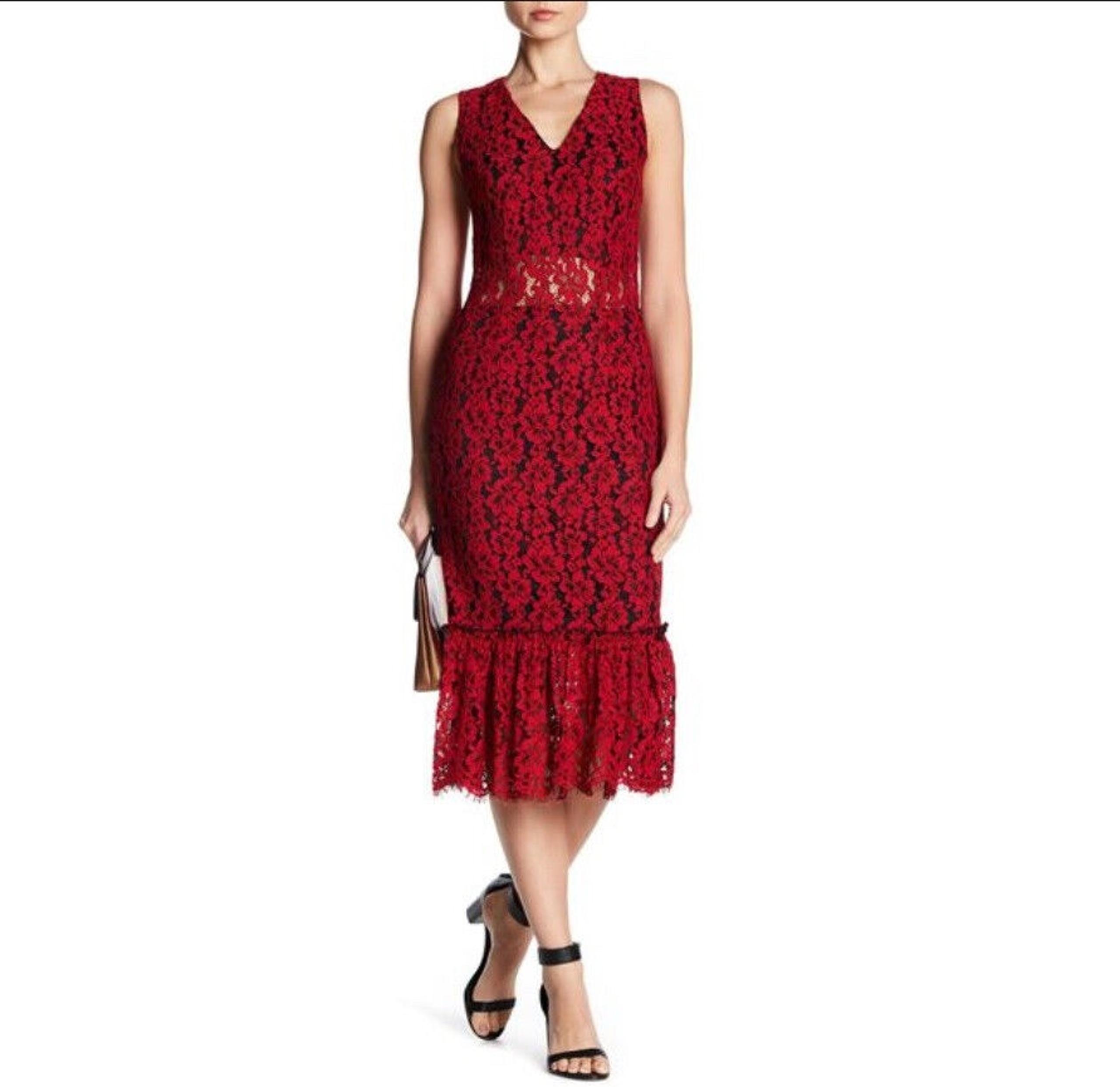 Alexia Admor Women’s Red Lace Floral Midi Length Ruffle Dress Size Medium