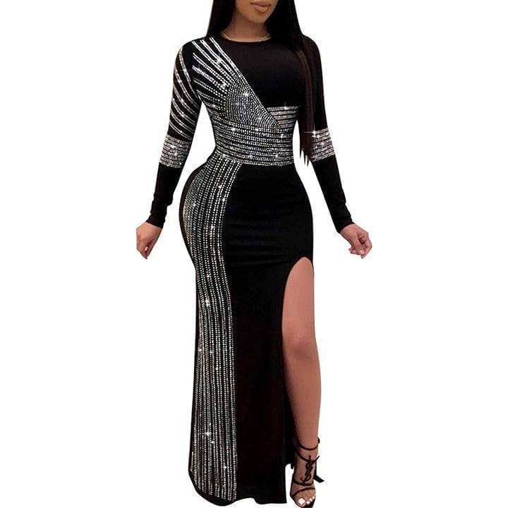 Black Stripe Rhinestone Long-Sleeve Maxi Dress High Slit Formal Dress XL
