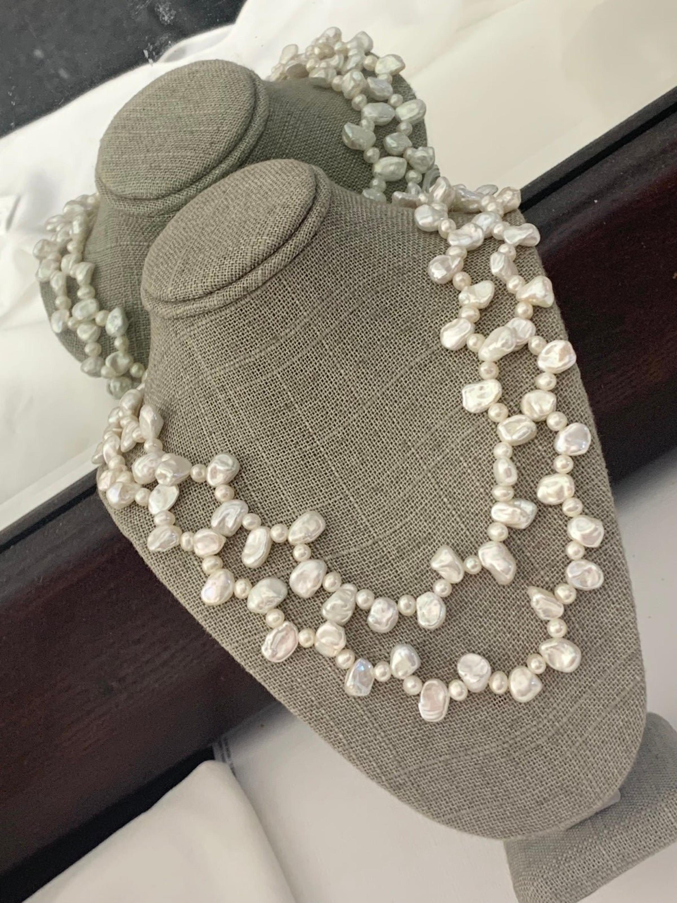 SIGNED  14k W  REAL YELLOW GOLD  DOUBLE STRAND FRESHWATER PEARL NECKLACE