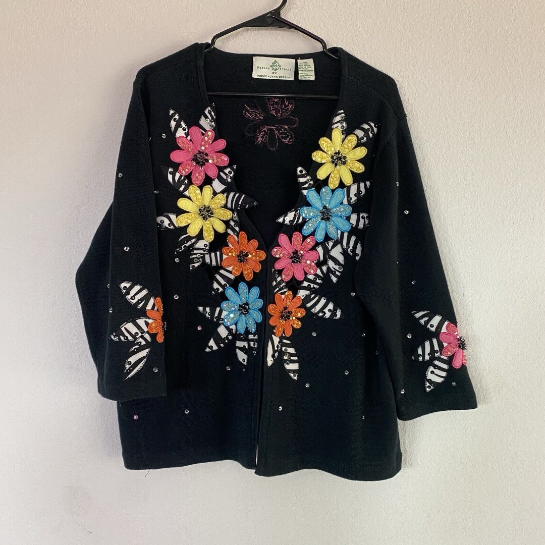 VTG Design Options Cardigan by Philip & Jane Gordon floral embroidered Sequence