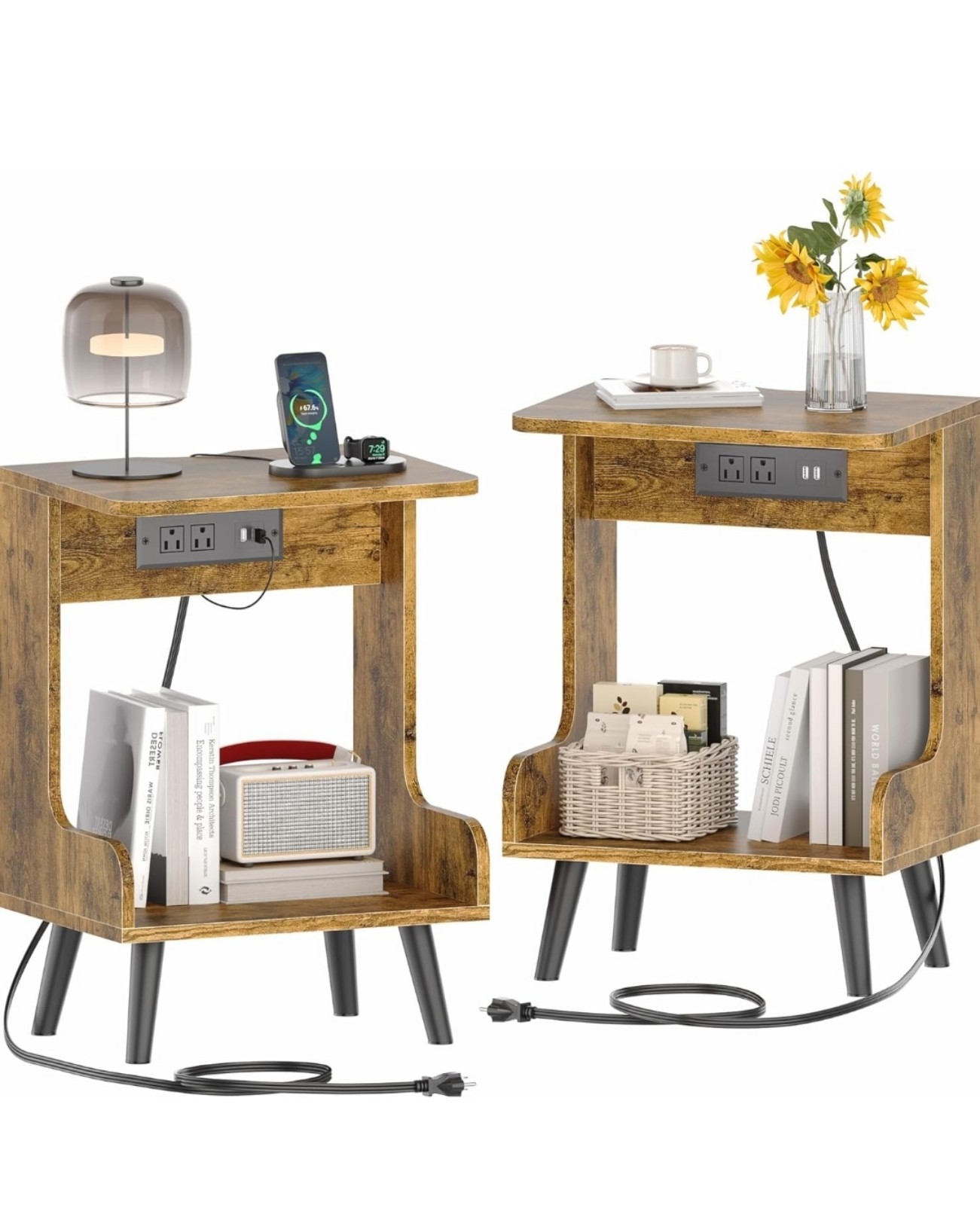 Nightstands Set of 2 with Charging Station, Bedside Tables with Open Wood Shelf,