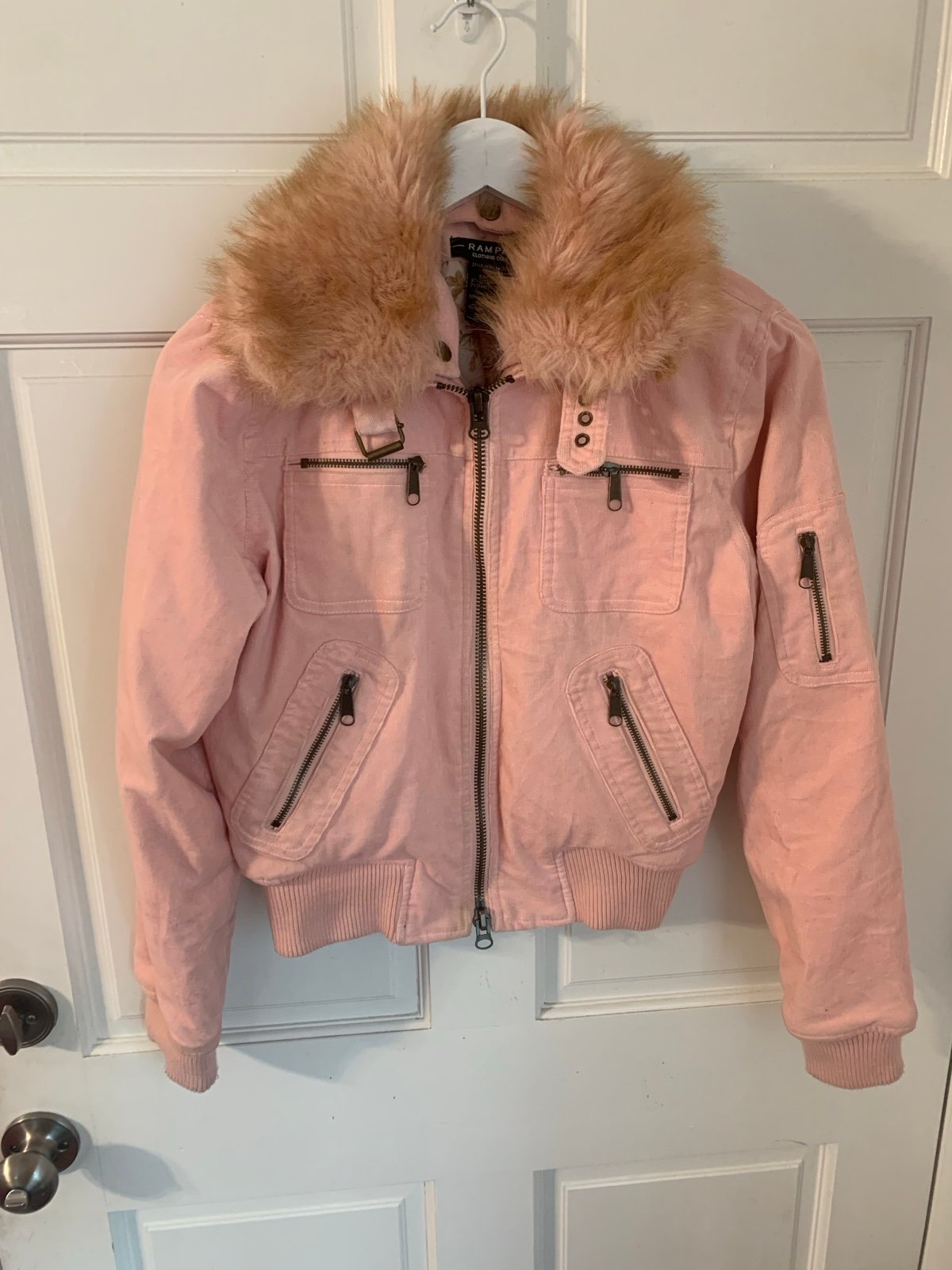 Vintage Y2K Rampage Pink Baby Cordoroy Moto Jacket Removable Faux Fur Collar