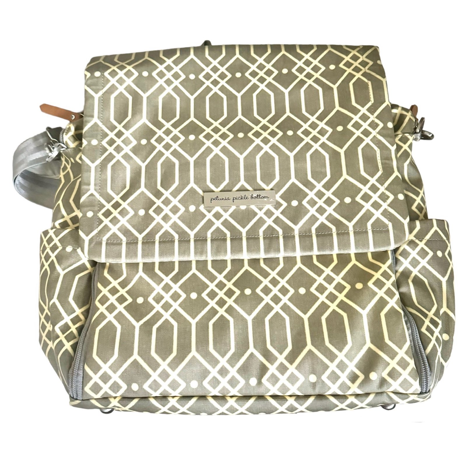 Petunia Picklebottom Boxy Geometric Pattern Diaper Backpack Gray 21”x11.75”