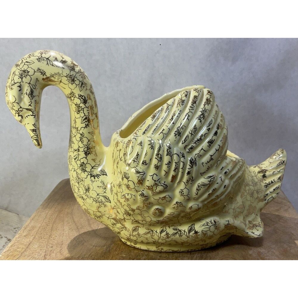 Vintage Pioneer Pottery Co Swan Planter- Yellow With 22K Gold- USA